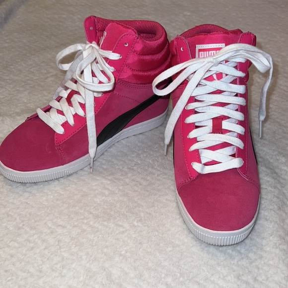 PUMA Bright Pink Suede Platform High-Top Sneakers Size 7 - Picture 1 of 10